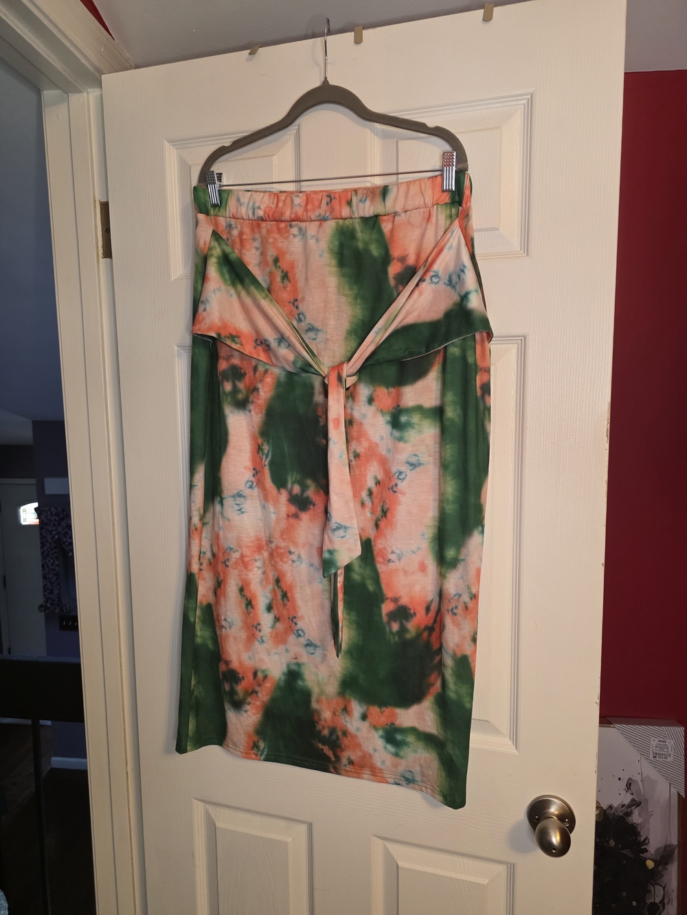 Rebdolls Coral & Green Tie-Dye Midi Skirt with Front Knot